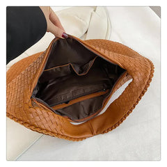 Elegant Woven PU Leather Hobo Bag - Soft Shoulder Tote 47*32cm (khaki)