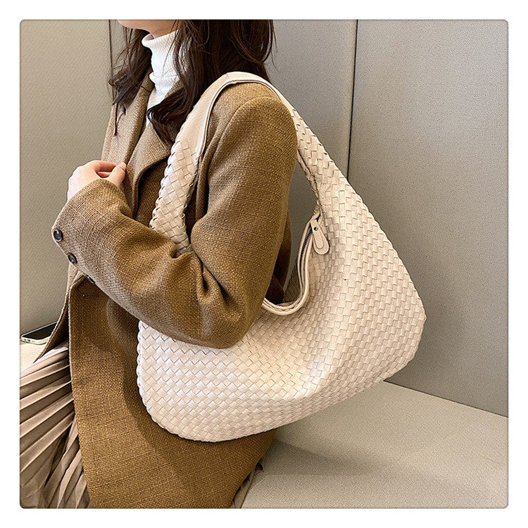 Elegant Woven PU Leather Hobo Bag - Soft Shoulder Tote 47*32cm (off-white)