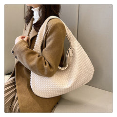 Elegant Woven PU Leather Hobo Bag - Soft Shoulder Tote 47*32cm (off-white)