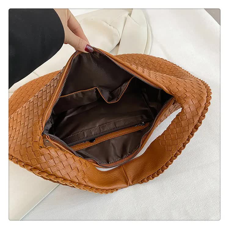 Elegant Woven PU Leather Hobo Bag - Soft Shoulder Tote 47*32cm (Black)