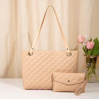 Elegant Quilted Tote Bag with Matching Clutch in Apricot - One Red Hill