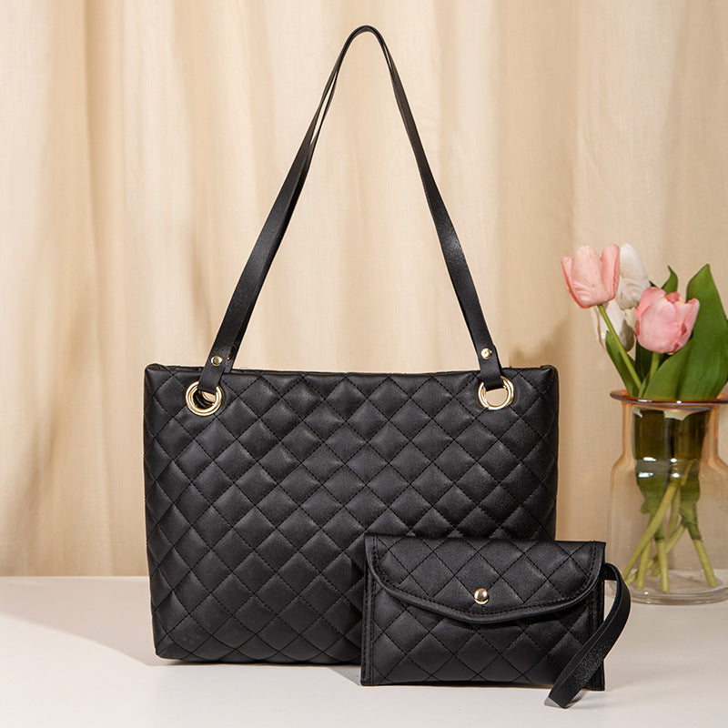 Elegant Quilted Tote Bag with Matching Clutch in Black - One Red Hill