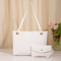 Elegant Quilted Tote Bag with Matching Clutch in White - One Red Hill