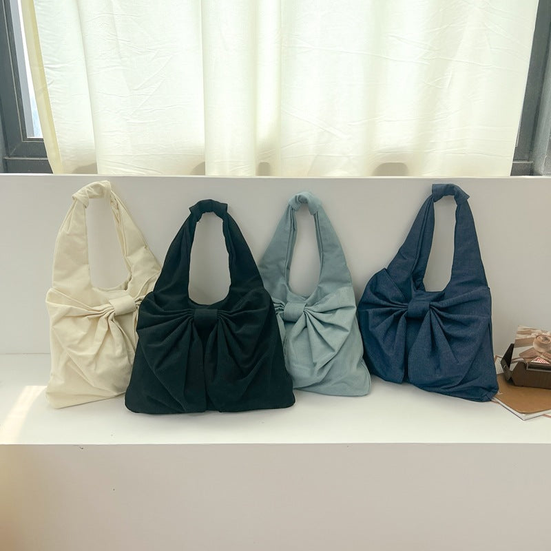 Blue Women's Bowknot Shoulder Bag - New Sweet Style, Large Capacity Canvas Tote Bag, Commuter Single Shoulder Handbag - One Red Hill