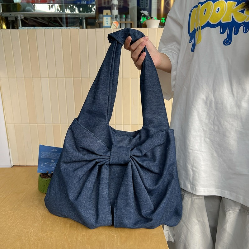 Blue Women's Bowknot Shoulder Bag - New Sweet Style, Large Capacity Canvas Tote Bag, Commuter Single Shoulder Handbag - One Red Hill