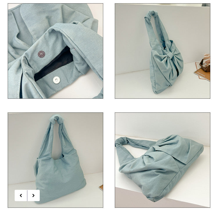 Blue Women's Bowknot Shoulder Bag - New Sweet Style, Large Capacity Canvas Tote Bag, Commuter Single Shoulder Handbag - One Red Hill