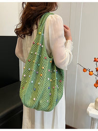 Green Summer Woven Handbag - Hollow Straw Beach Tote with Colorful Beads, Lazy Style, Large Capacity Shoulder Bag for Vacation - One Red Hill