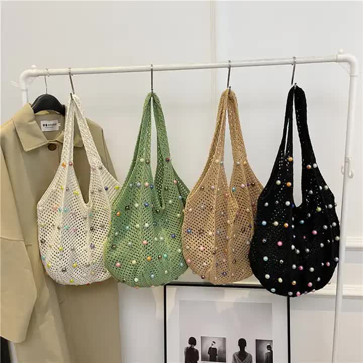 Green Summer Woven Handbag - Hollow Straw Beach Tote with Colorful Beads, Lazy Style, Large Capacity Shoulder Bag for Vacation - One Red Hill