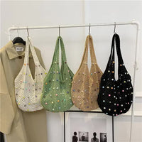Green Summer Woven Handbag - Hollow Straw Beach Tote with Colorful Beads, Lazy Style, Large Capacity Shoulder Bag for Vacation - One Red Hill