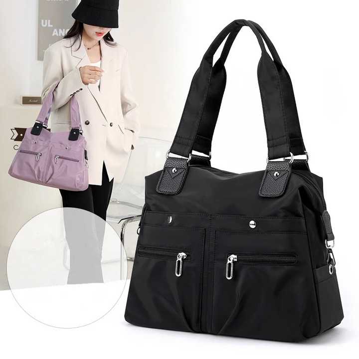 Brown Stylish Nylon Large Capacity Tote Bag for Work and Commute | Multi-Pocket Shoulder Bag | Fashionable Canvas Bag - One Red Hill