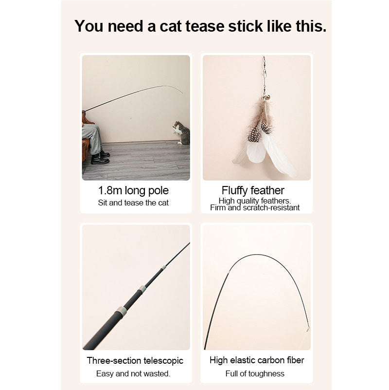 Pet Toy Cat teasing Stick Extendable 180cm Rod Feather Replacement Head Adjustable Extendable Fishing Toy Rod & Feather-Rope  SOLD SEPARATELY