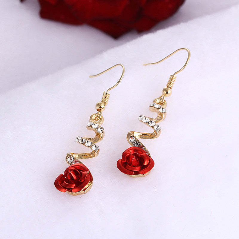 Fashion Jewelry Ethnic Red Rose Drop Earrings Big Rhinestone Earrings Vintage For Women Rose Gold Spiral Dangle Earring - One Red Hill