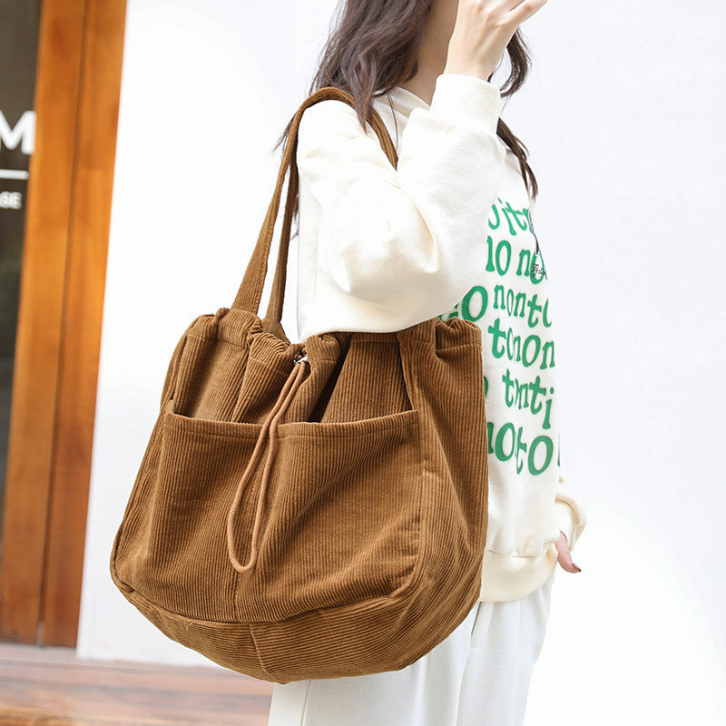 Ins Corduroy Shoulder Bags Drawstring Multi-pocket Handbag Women Underarm Bags - One Red Hill