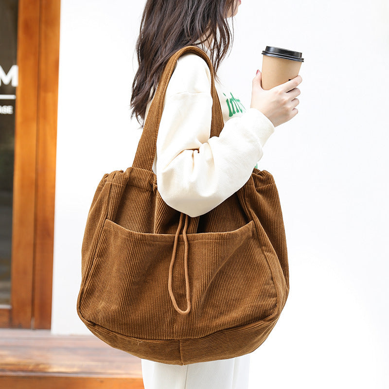 Ins Corduroy Shoulder Bags Drawstring Multi-pocket Handbag Women Underarm Bags - One Red Hill