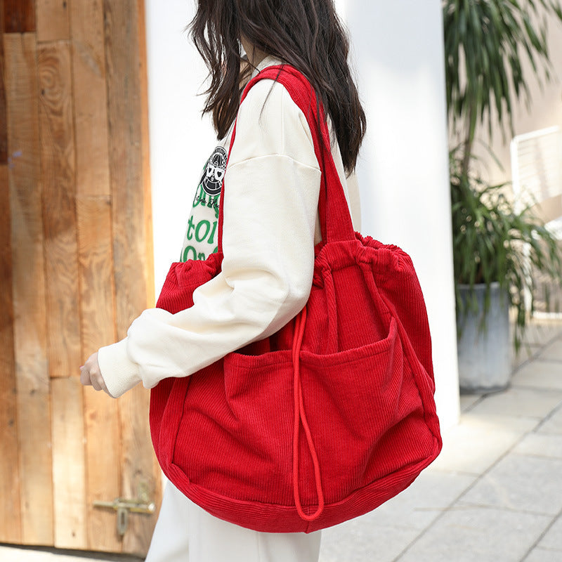Ins Corduroy Shoulder Bags Drawstring Multi-pocket Handbag Women Underarm Bags - One Red Hill
