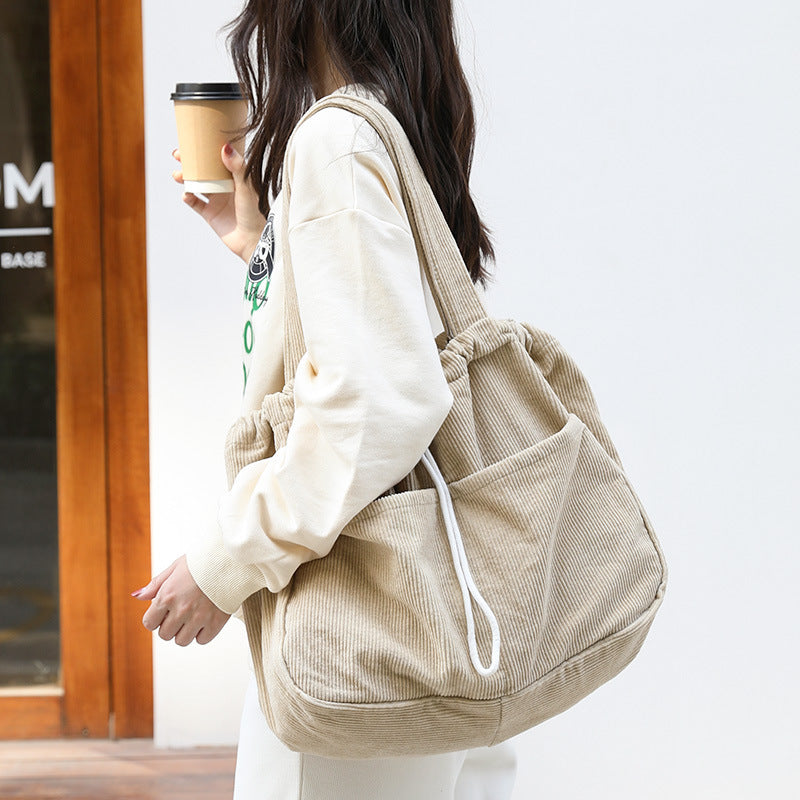 Ins Corduroy Shoulder Bags Drawstring Multi-pocket Handbag Women Underarm Bags - One Red Hill