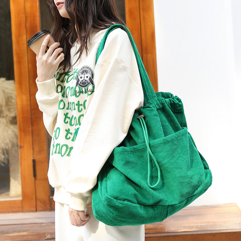 Ins Corduroy Shoulder Bags Drawstring Multi-pocket Handbag Women Underarm Bags - One Red Hill
