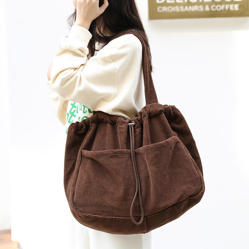 Ins Corduroy Shoulder Bags Drawstring Multi-pocket Handbag Women Underarm Bags - One Red Hill